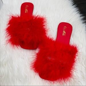 Mata Feather Crystal Fluffy Slippers Women Color Red Size 7.5